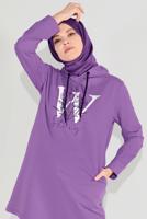 Tesettür giyim MOR ÖNÜ BASKILI KAPÜŞONLU TUNİK 4001