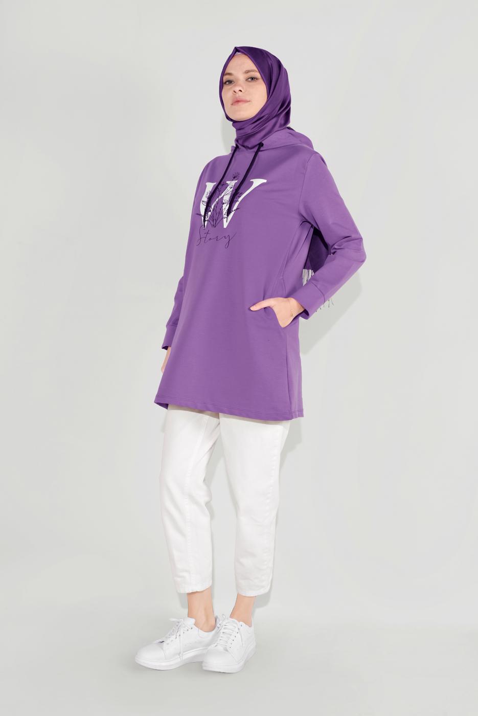 Tesettür giyim MOR ÖNÜ BASKILI KAPÜŞONLU TUNİK 4001