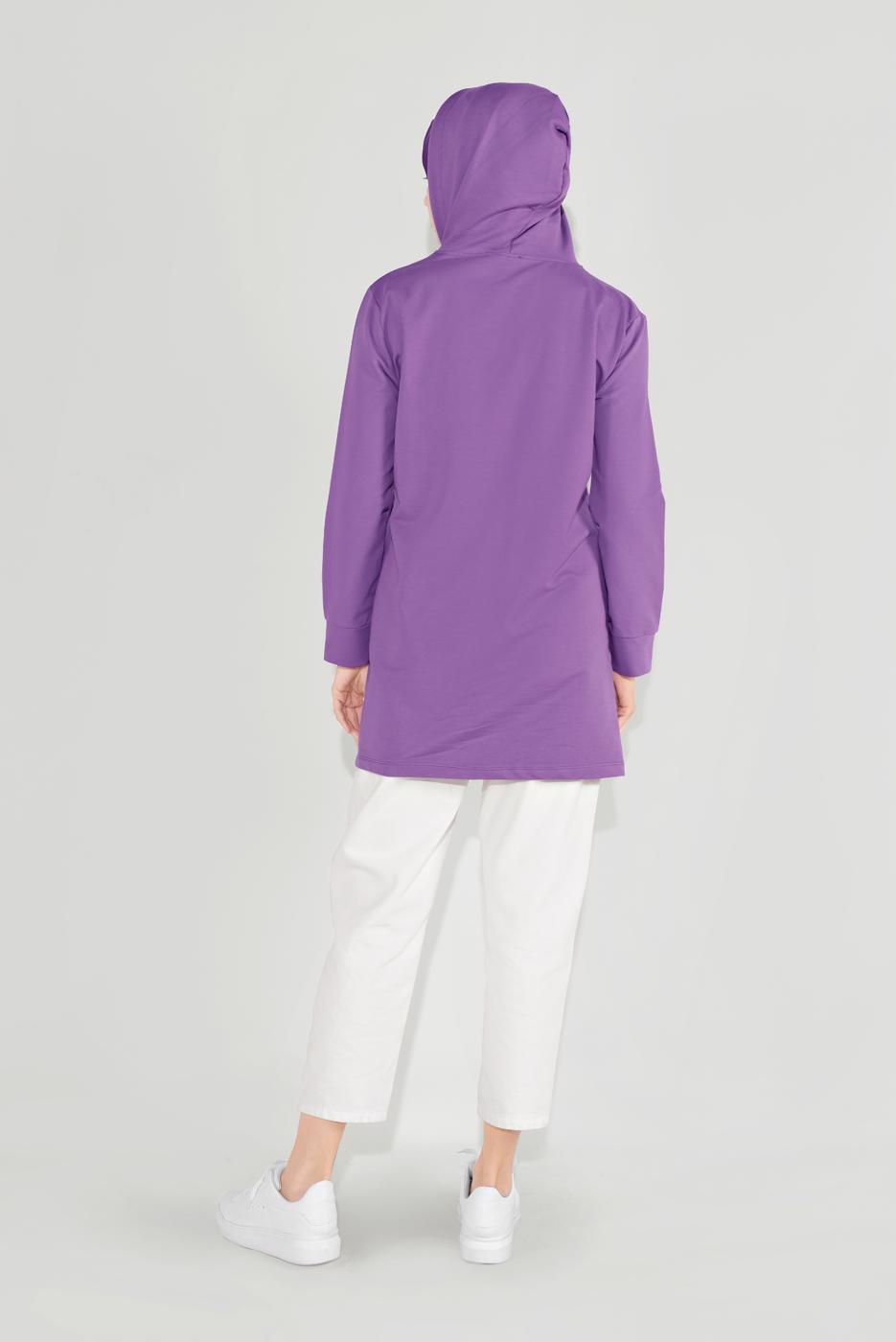 Tesettür giyim MOR ÖNÜ BASKILI KAPÜŞONLU TUNİK 4001