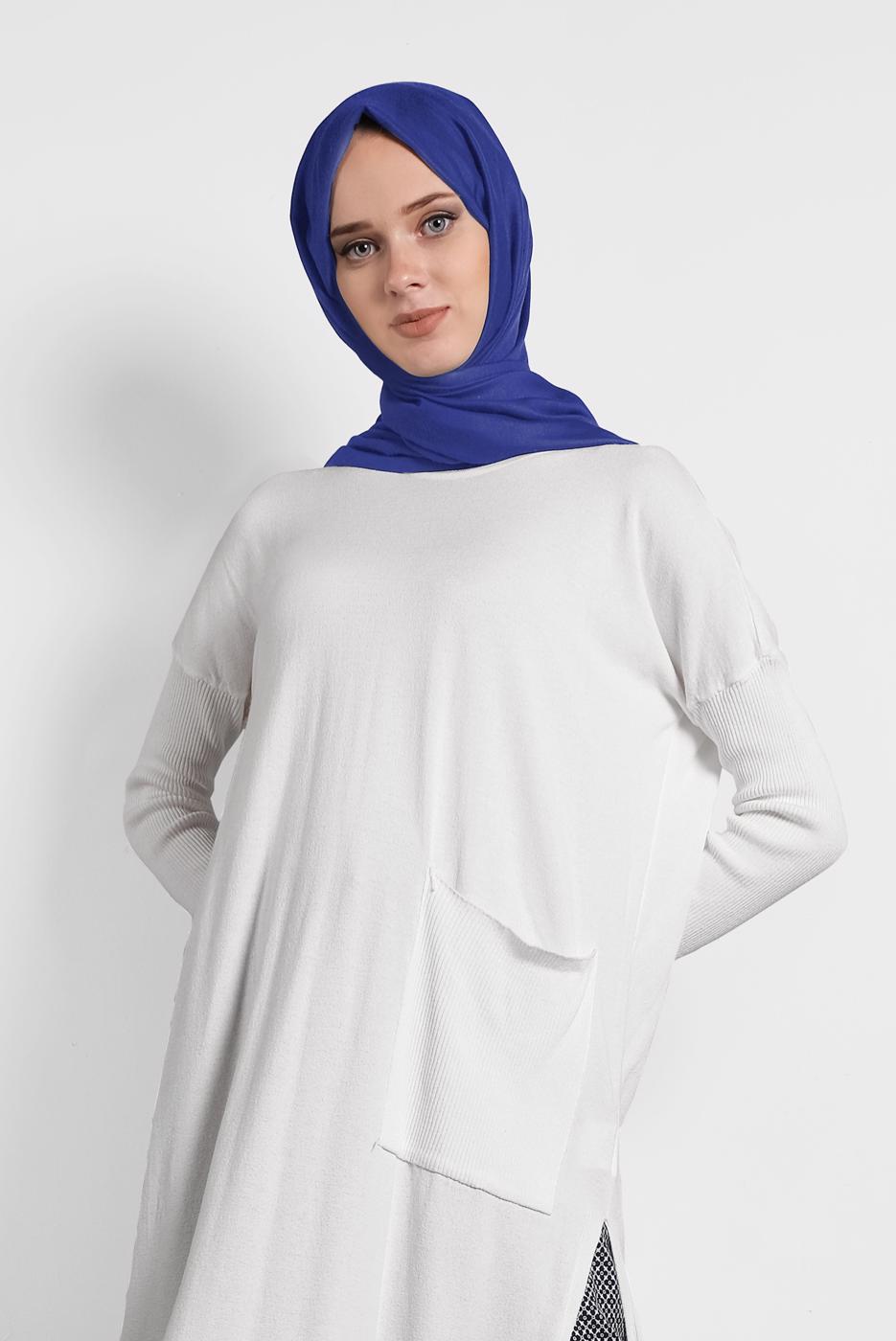 Tesettür giyim KREM  ALVİNA YANLARI YIRTMAÇLI TRİKO TUNİK 4134