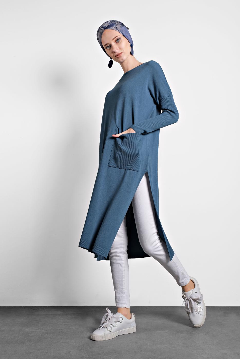 Tesettür giyim YEŞİL  ALVİNA YANLARI YIRTMAÇLI TRİKO TUNİK 4134