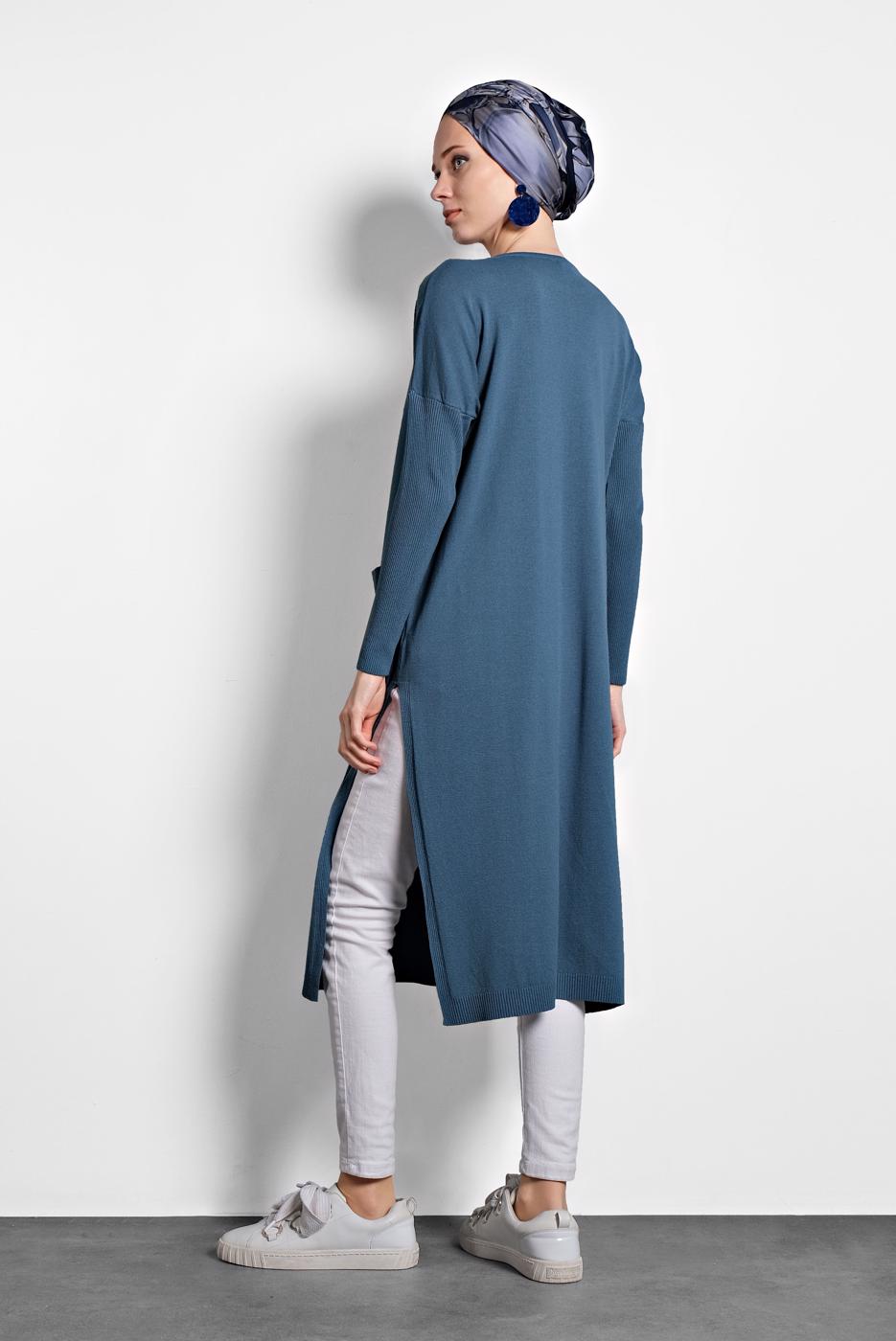 Tesettür giyim YEŞİL  ALVİNA YANLARI YIRTMAÇLI TRİKO TUNİK 4134