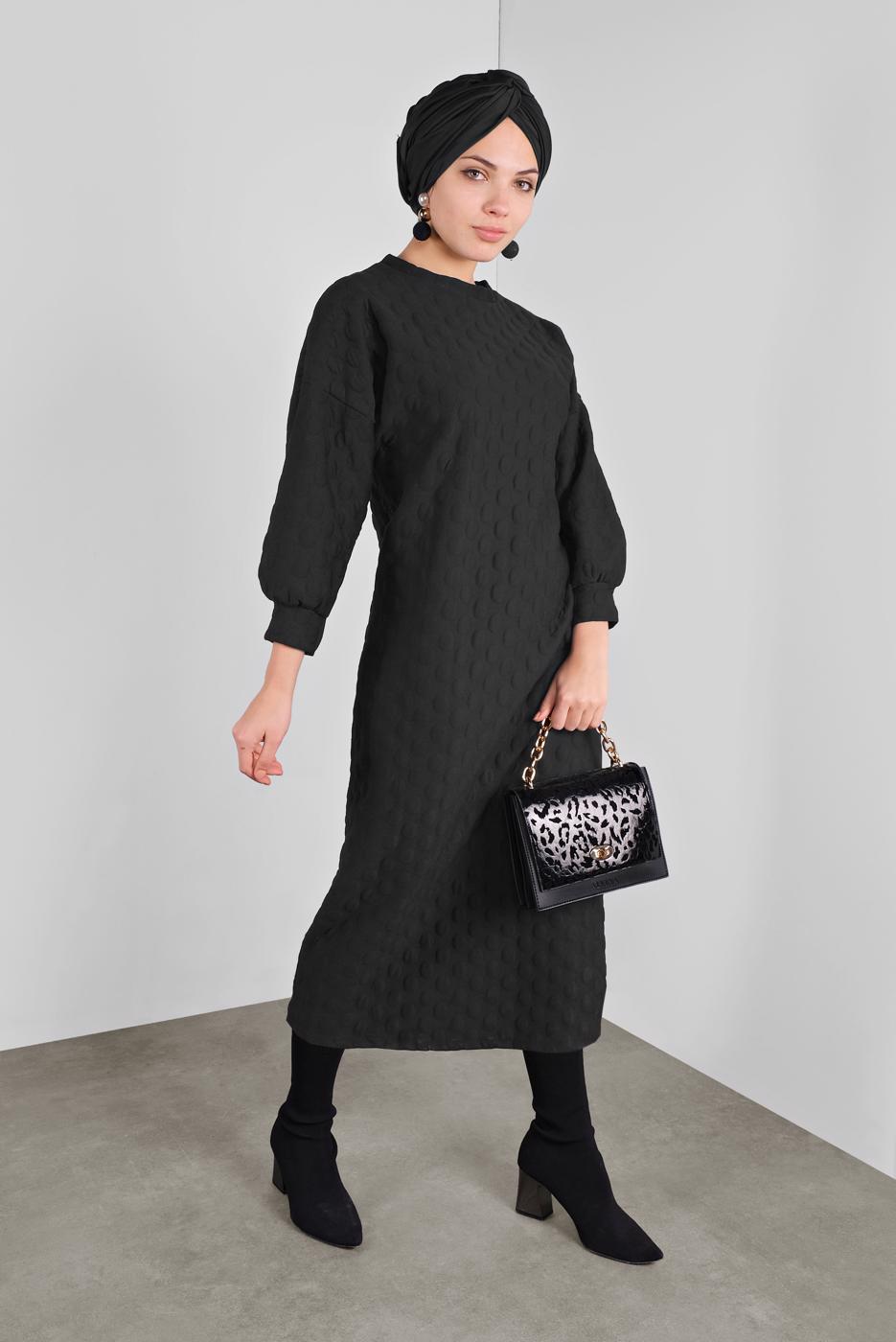 Hijab clothing BLACK DRESS WITH BOBBLE 4234 