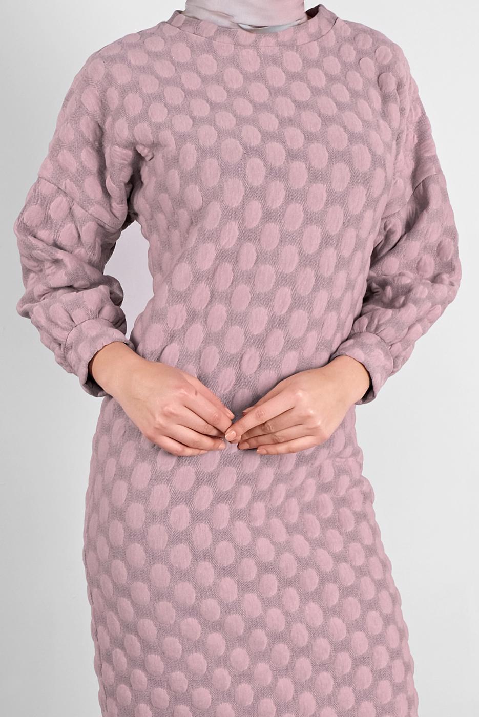 Tesettür giyim PEMBE PONPON DESENLİ UZUN TUNİK 4234 