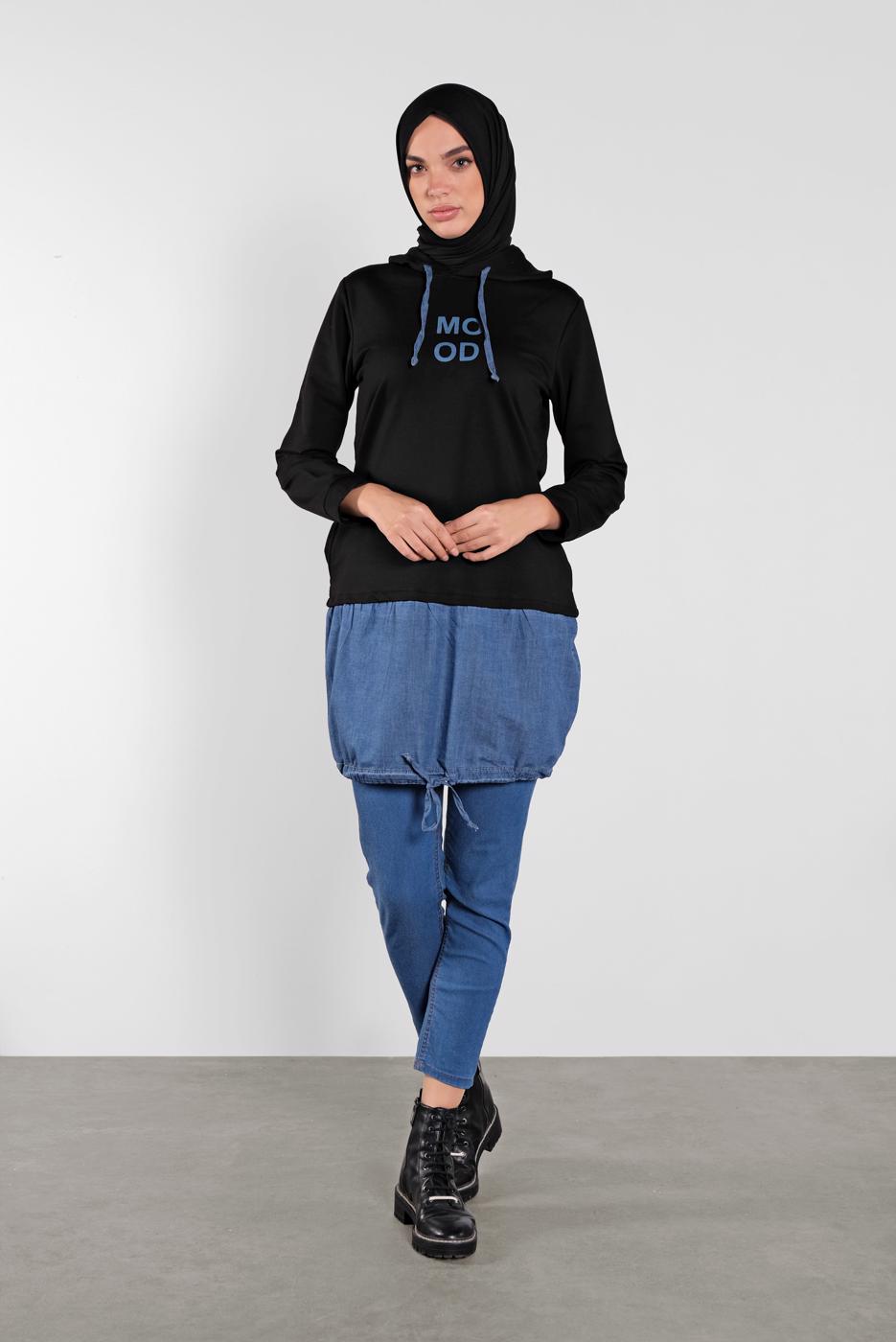 Tesettür giyim SİYAH KAPÜŞONLU BASKILI TUNİK 4302 