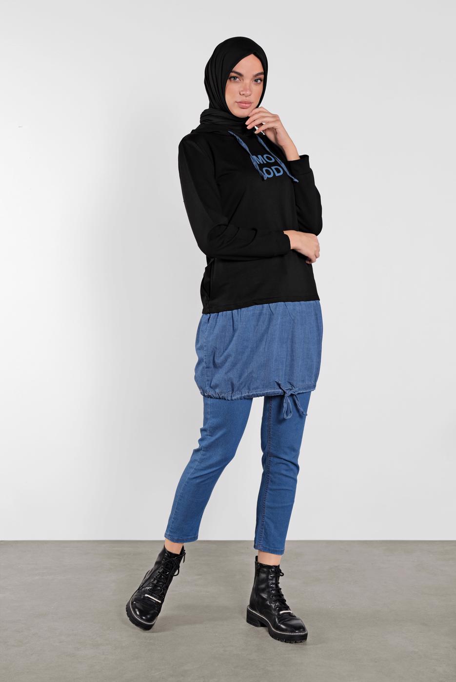 Tesettür giyim SİYAH KAPÜŞONLU BASKILI TUNİK 4302 