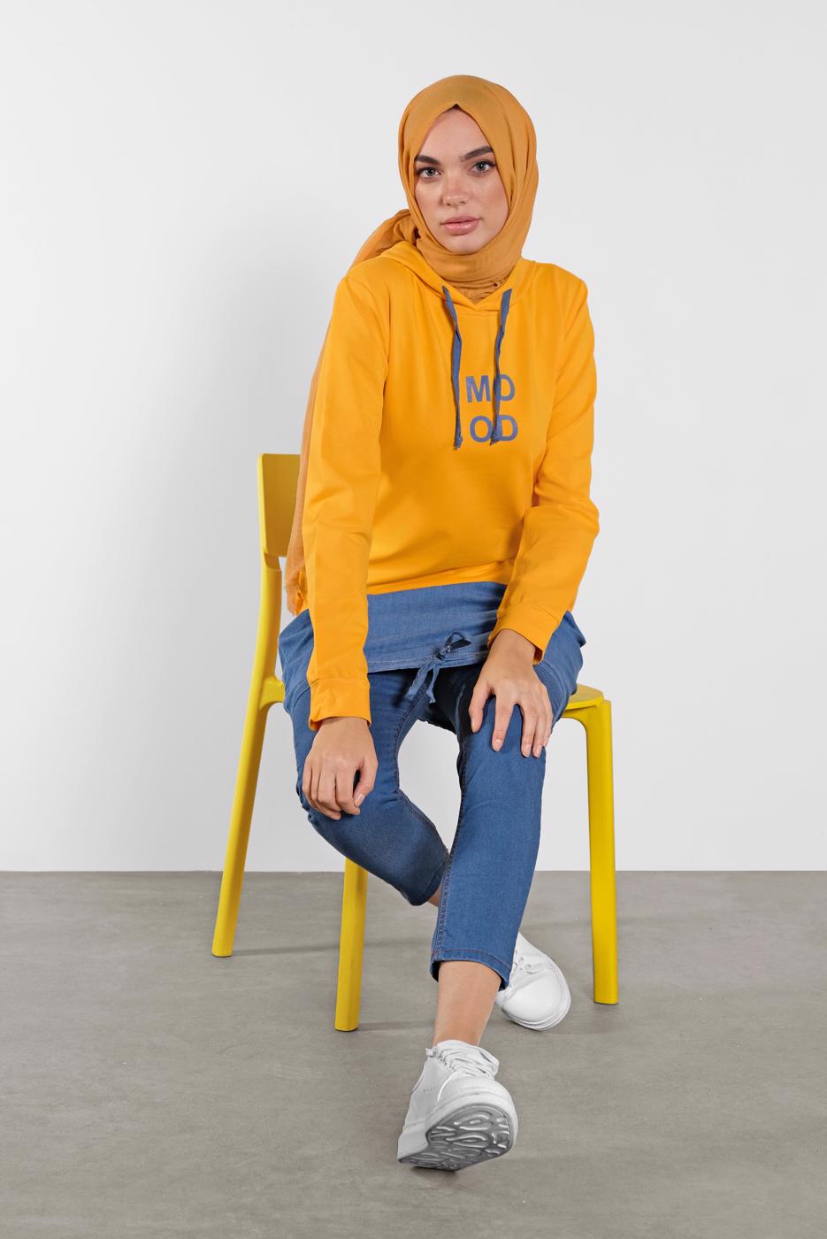 Tesettür giyim SARI KAPÜŞONLU BASKILI TUNİK 4302 