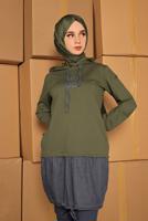 Tesettür giyim HAKİ KAPÜŞONLU BASKILI TUNİK 4302 