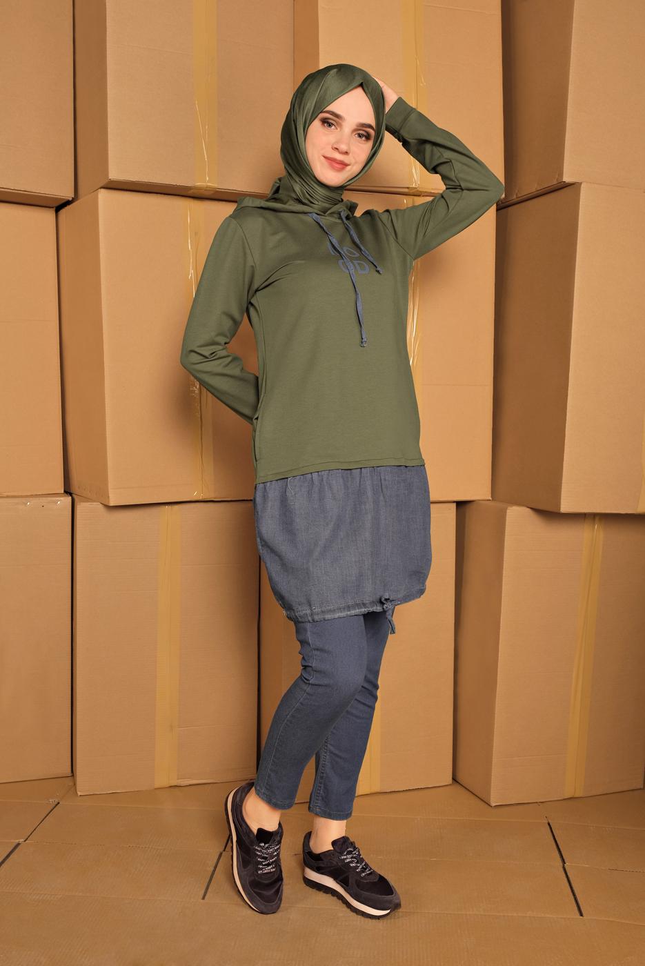 Tesettür giyim HAKİ KAPÜŞONLU BASKILI TUNİK 4302 