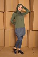 Tesettür giyim HAKİ KAPÜŞONLU BASKILI TUNİK 4302 