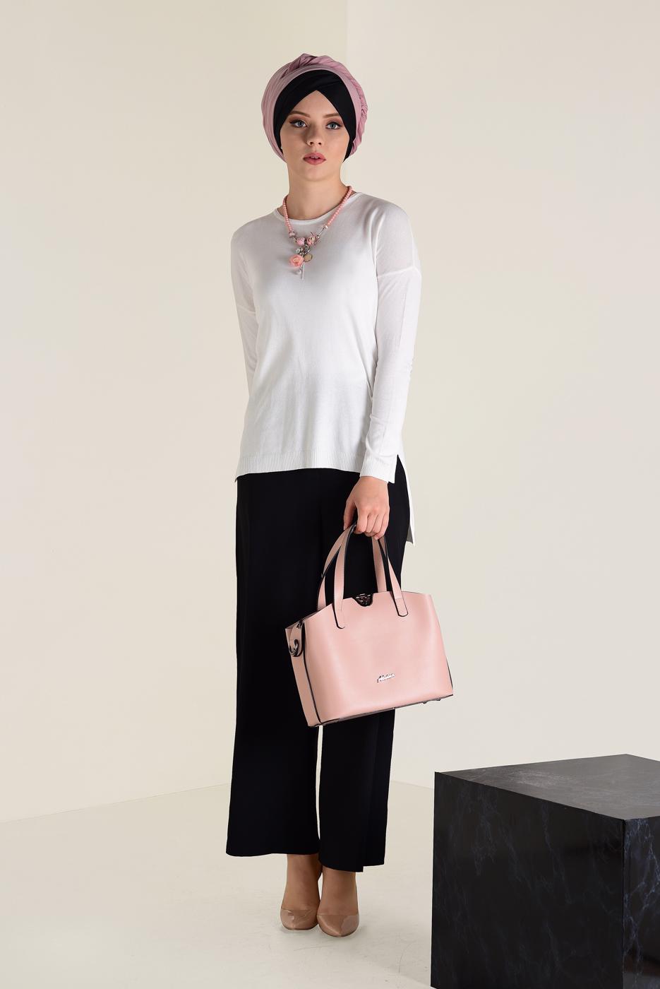 Tesettür giyim KREM  ALVİNA BİSİKLET YAKA TRİKO TUNİK 4503