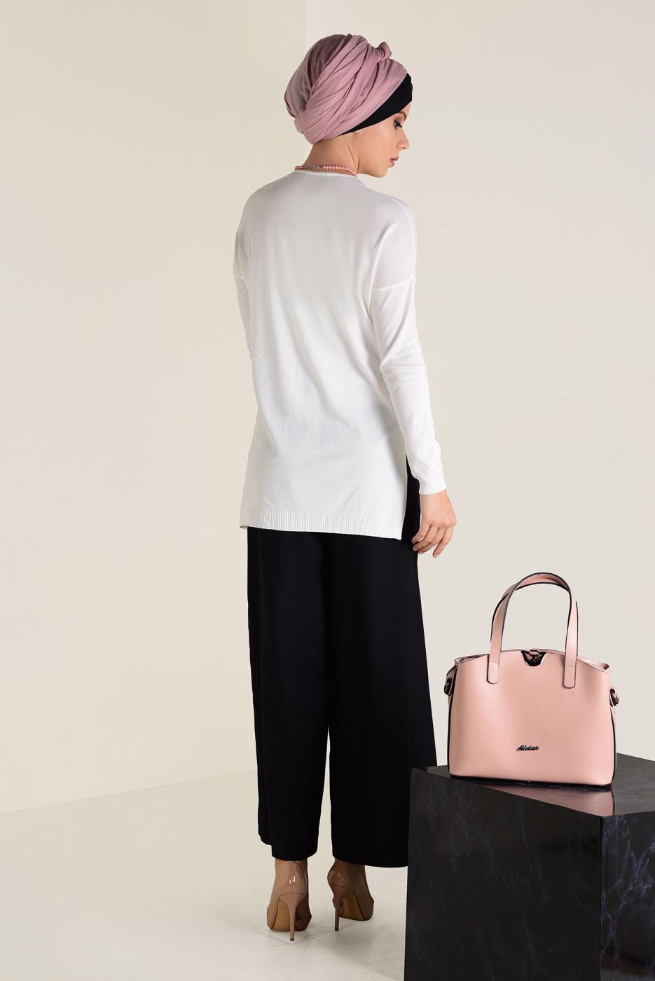 Tesettür giyim KREM  ALVİNA BİSİKLET YAKA TRİKO TUNİK 4503