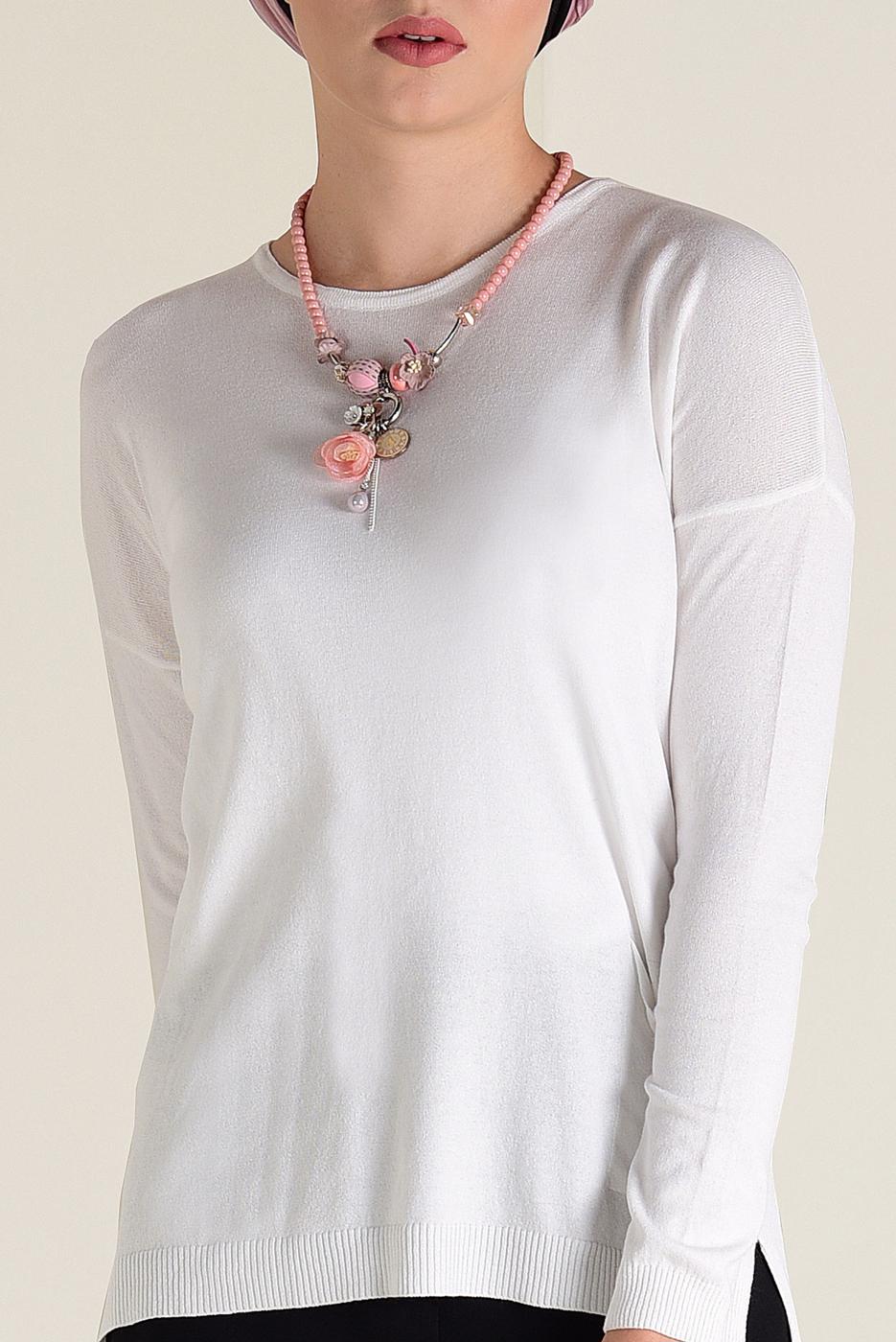 Tesettür giyim KREM  ALVİNA BİSİKLET YAKA TRİKO TUNİK 4503