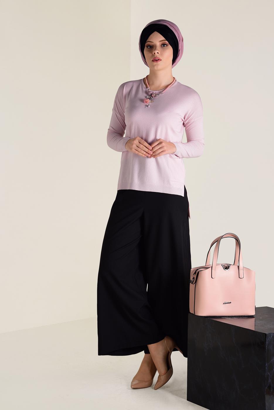Tesettür giyim PUDRA  ALVİNA BİSİKLET YAKA TRİKO TUNİK 4503