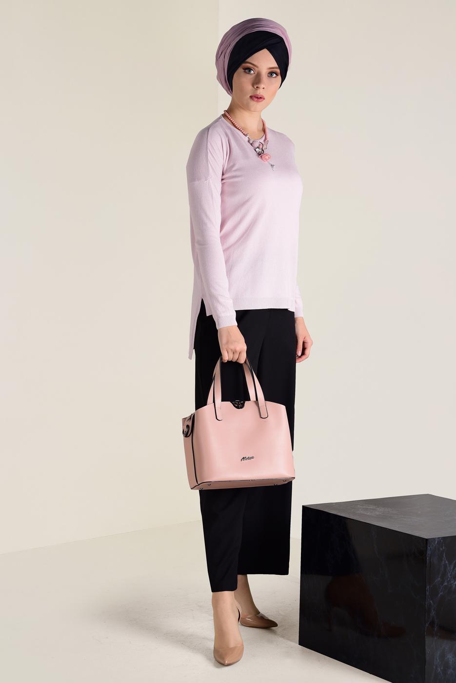 Tesettür giyim PUDRA  ALVİNA BİSİKLET YAKA TRİKO TUNİK 4503