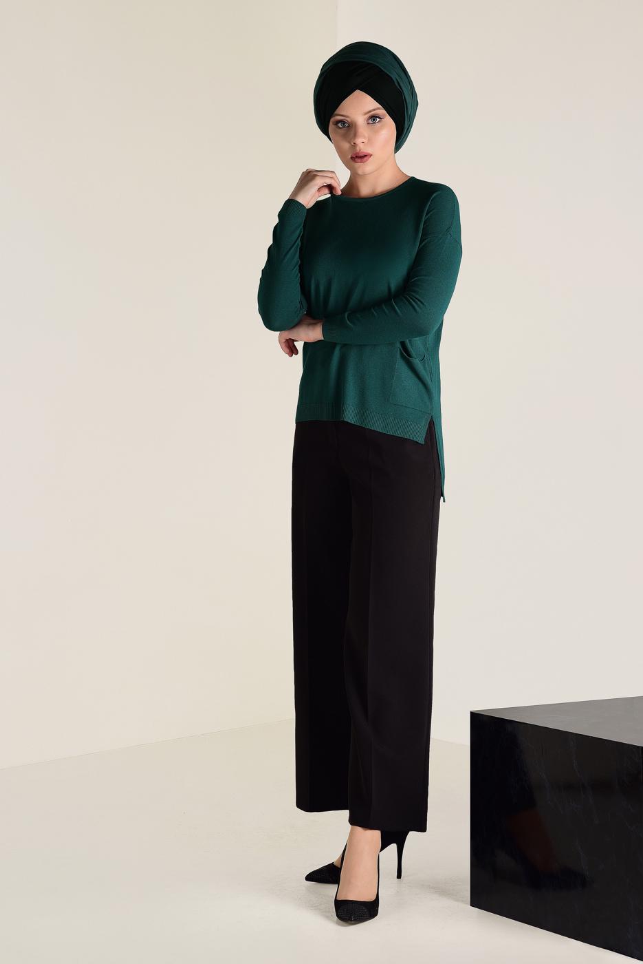 Tesettür giyim YEŞİL  ALVİNA BİSİKLET YAKA TRİKO TUNİK 4503