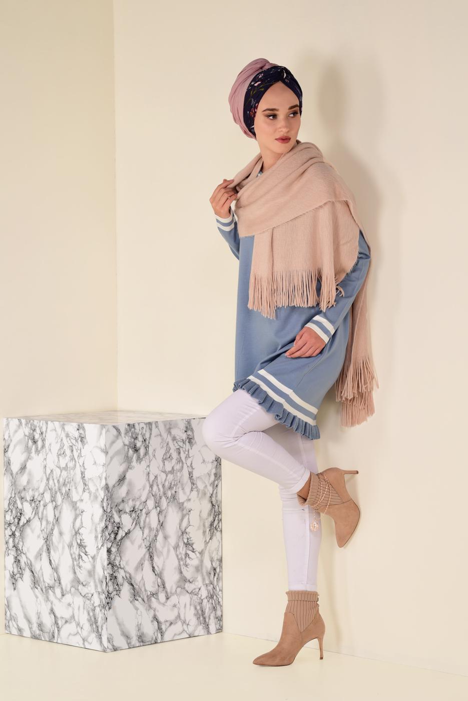 Tesettür giyim MAVİ  ALVİNA ETEK UCU FIRFIRLI TRİKO TUNİK 4510