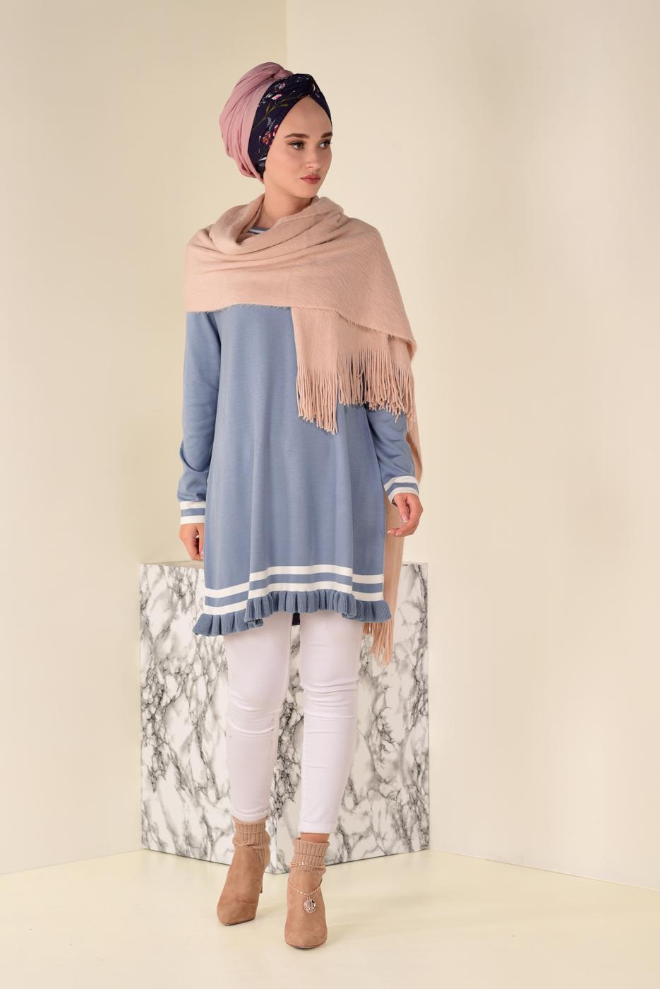 Tesettür giyim MAVİ  ALVİNA ETEK UCU FIRFIRLI TRİKO TUNİK 4510