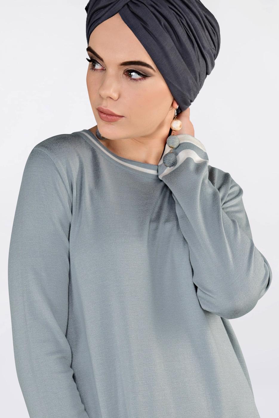 Tesettür giyim GRİ  ALVİNA ETEK UCU FIRFIRLI TRİKO TUNİK 4510