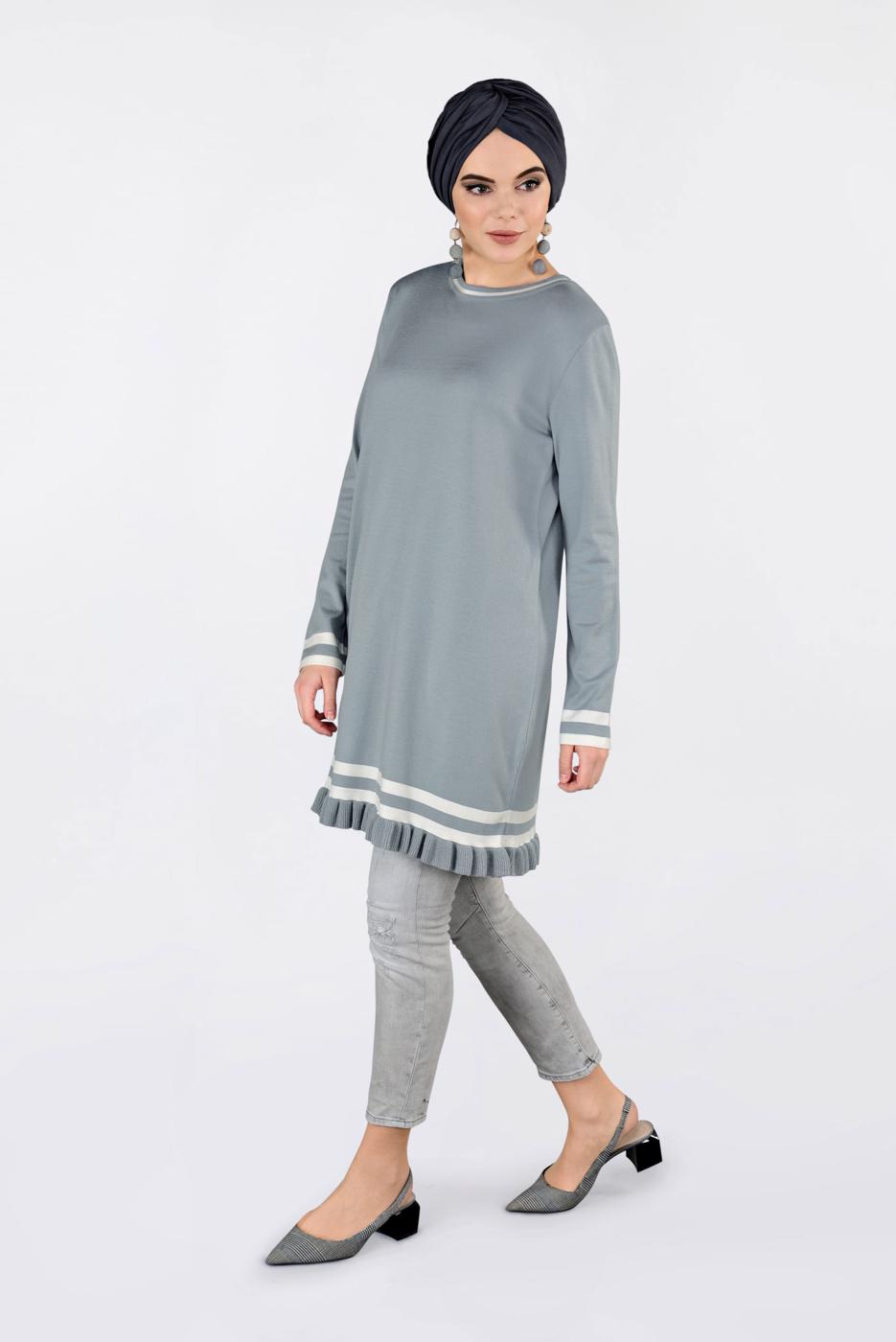 Tesettür giyim GRİ  ALVİNA ETEK UCU FIRFIRLI TRİKO TUNİK 4510