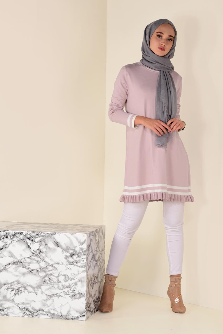 Tesettür giyim PUDRA  ALVİNA ETEK UCU FIRFIRLI TRİKO TUNİK 4510