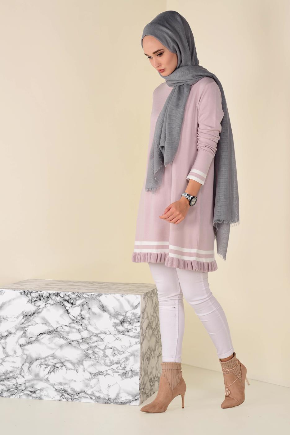 Tesettür giyim PUDRA  ALVİNA ETEK UCU FIRFIRLI TRİKO TUNİK 4510