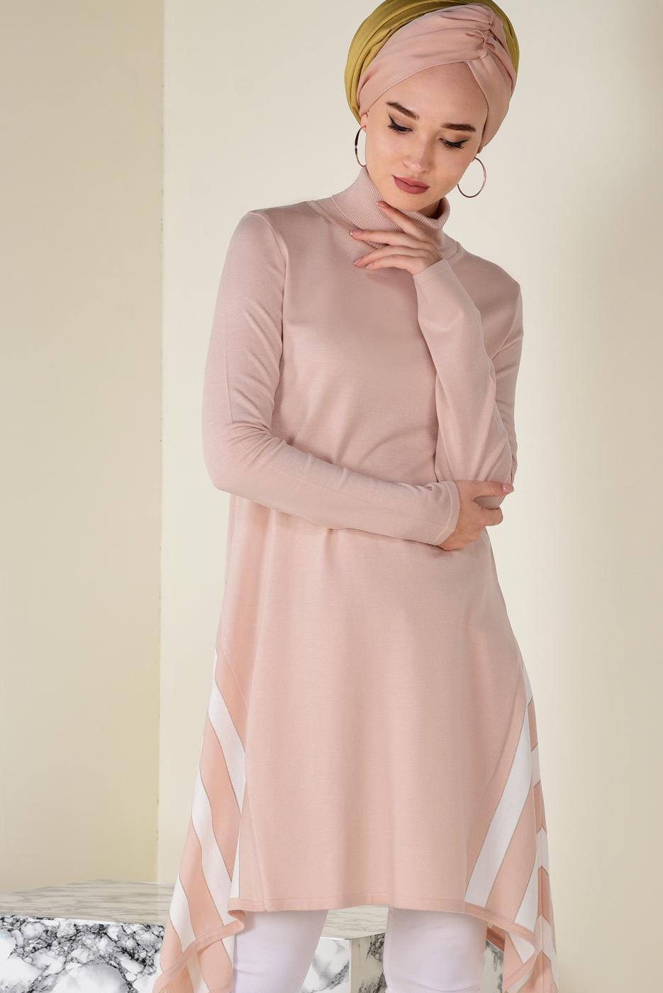 Tesettür giyim PUDRA ALVİNA ASİMETRİK KESİM ŞERİT DETAYLI TUNİK  4517  