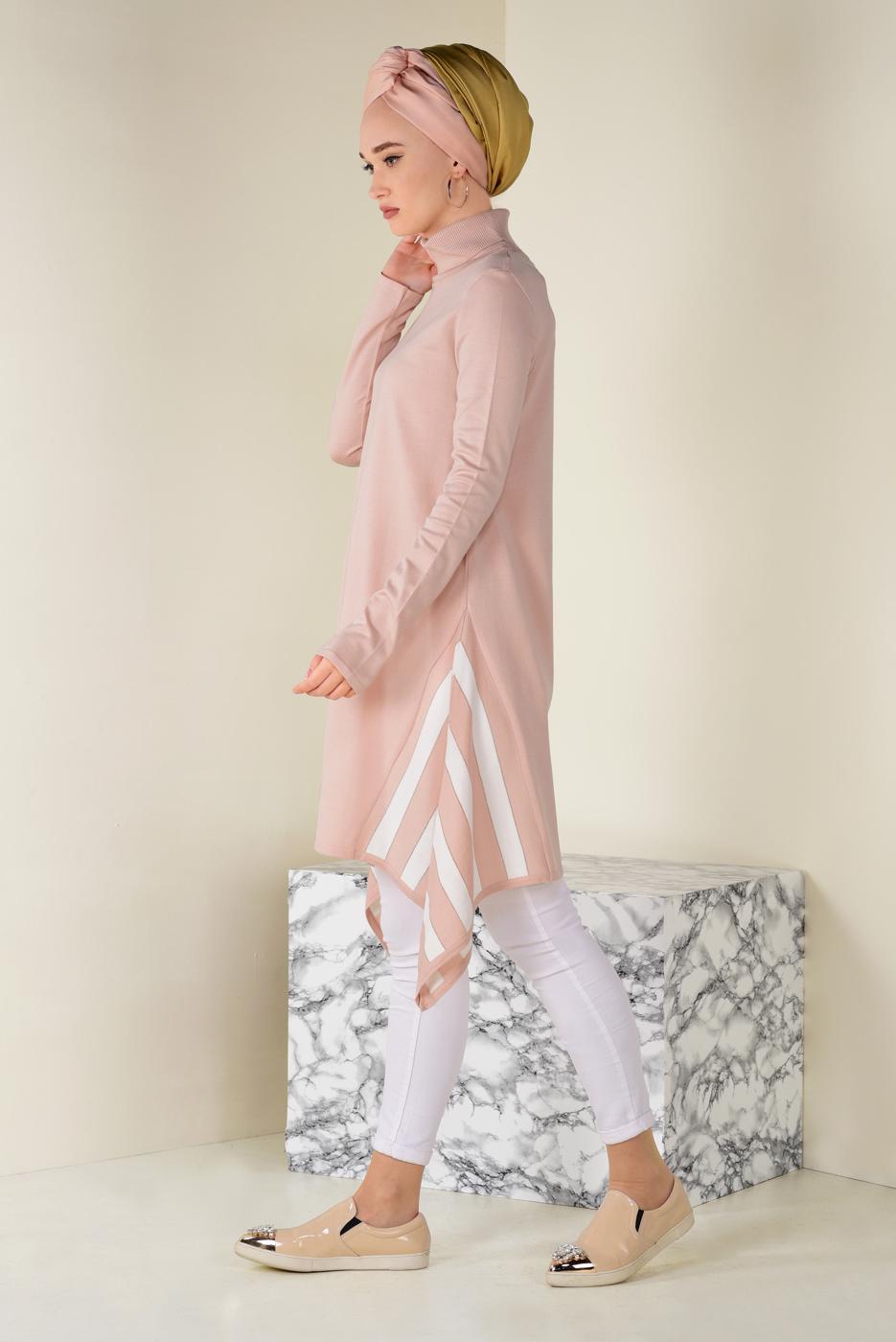 Tesettür giyim PUDRA ALVİNA ASİMETRİK KESİM ŞERİT DETAYLI TUNİK  4517  