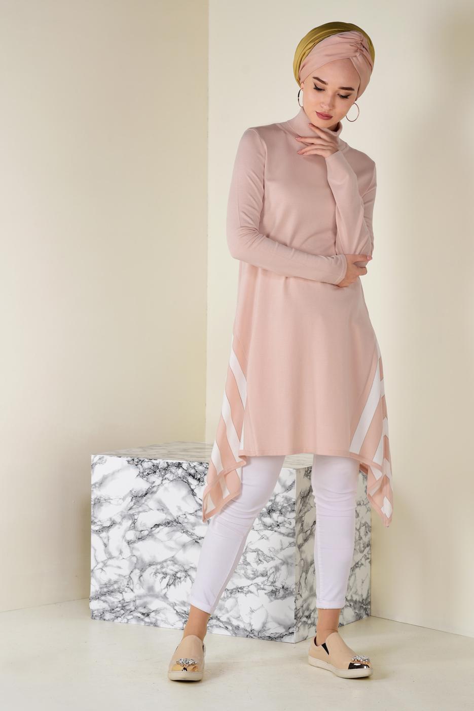 Tesettür giyim PUDRA ALVİNA ASİMETRİK KESİM ŞERİT DETAYLI TUNİK  4517  