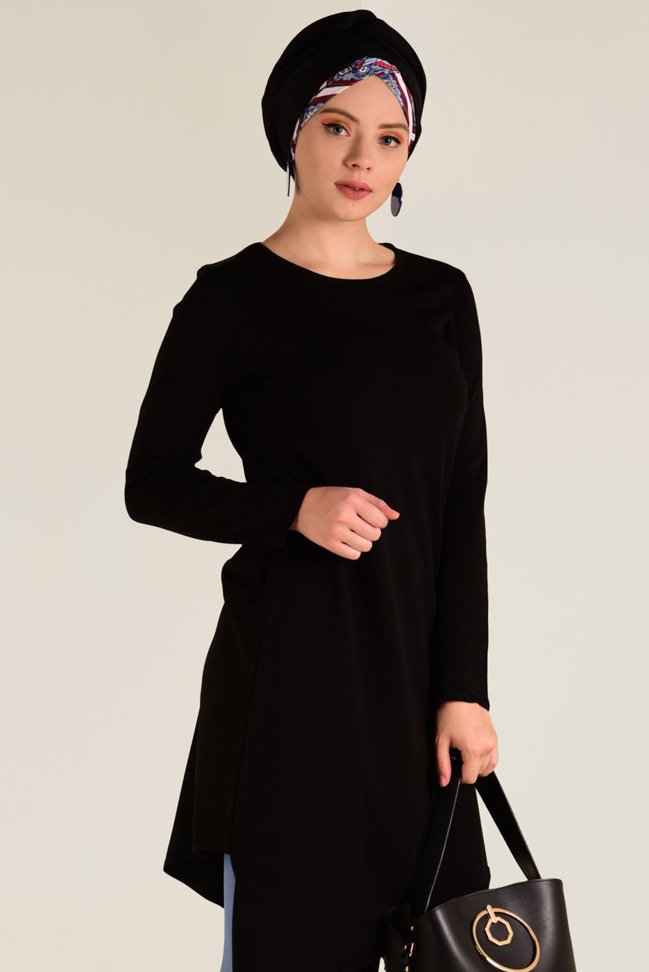 Tesettür giyim SİYAH ALVİNA ASİMETRİK KESİM TRİKO TUNİK 4526