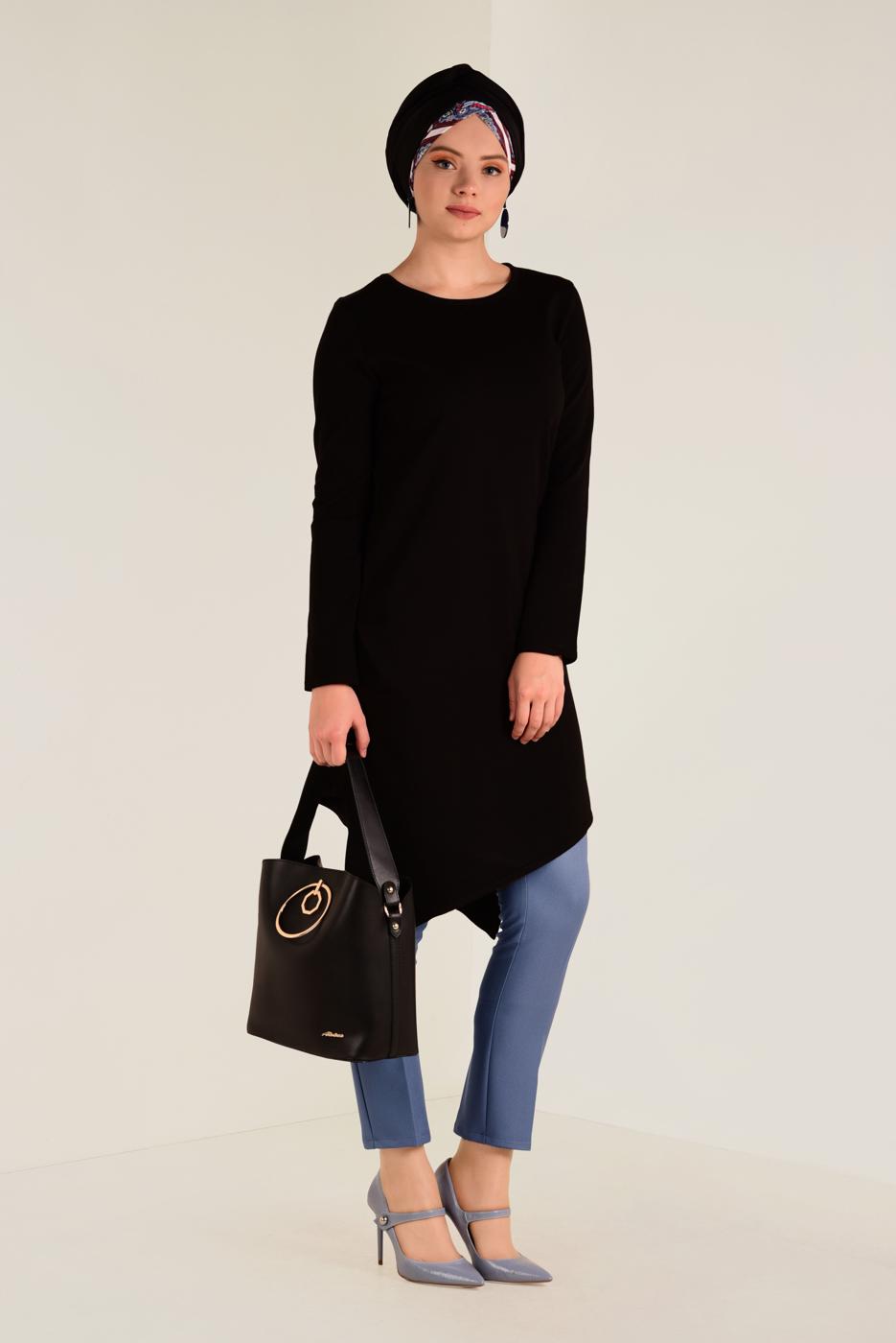 Tesettür giyim SİYAH ALVİNA ASİMETRİK KESİM TRİKO TUNİK 4526