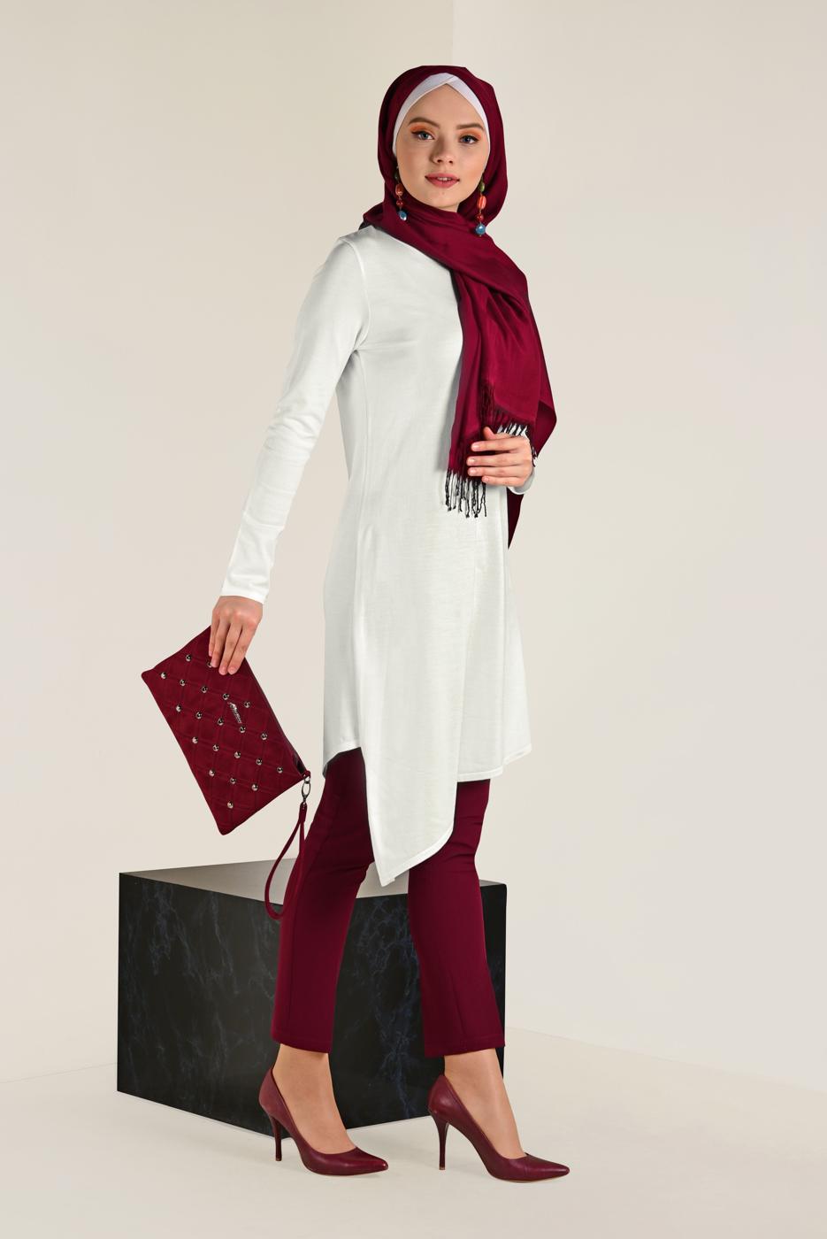 Tesettür giyim KREM ALVİNA ASİMETRİK KESİM TRİKO TUNİK 4526