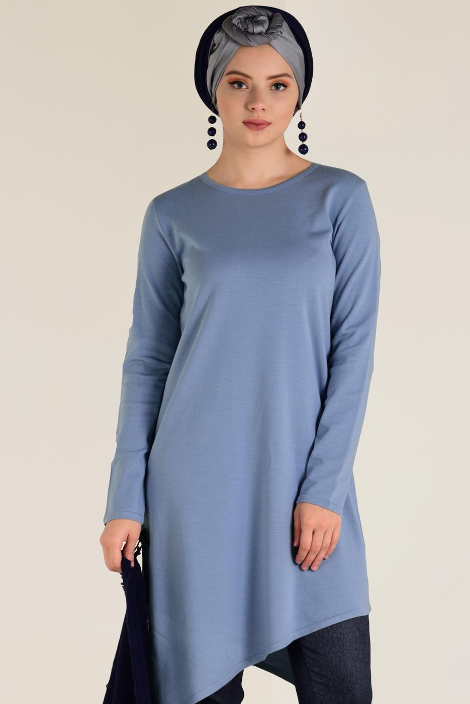 Tesettür giyim MAVİ ALVİNA ASİMETRİK KESİM TRİKO TUNİK 4526