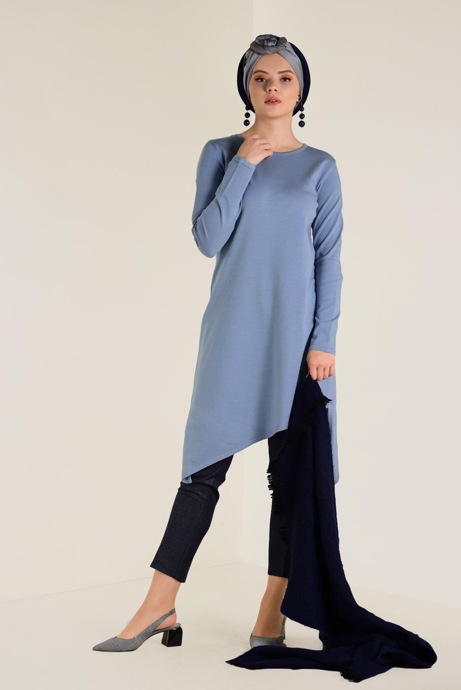 Tesettür giyim MAVİ ALVİNA ASİMETRİK KESİM TRİKO TUNİK 4526