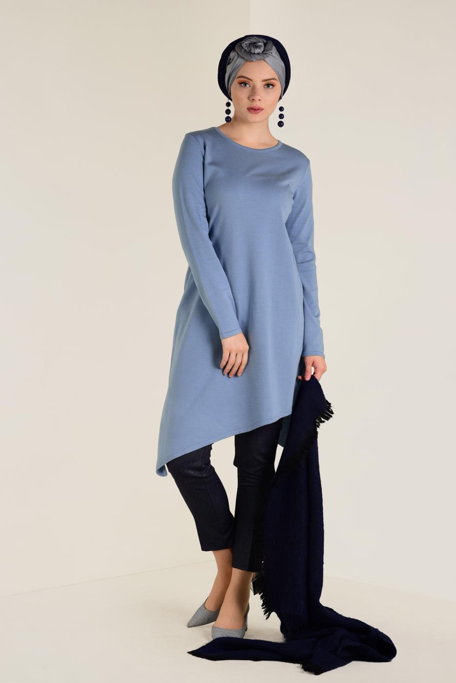Tesettür giyim MAVİ ALVİNA ASİMETRİK KESİM TRİKO TUNİK 4526