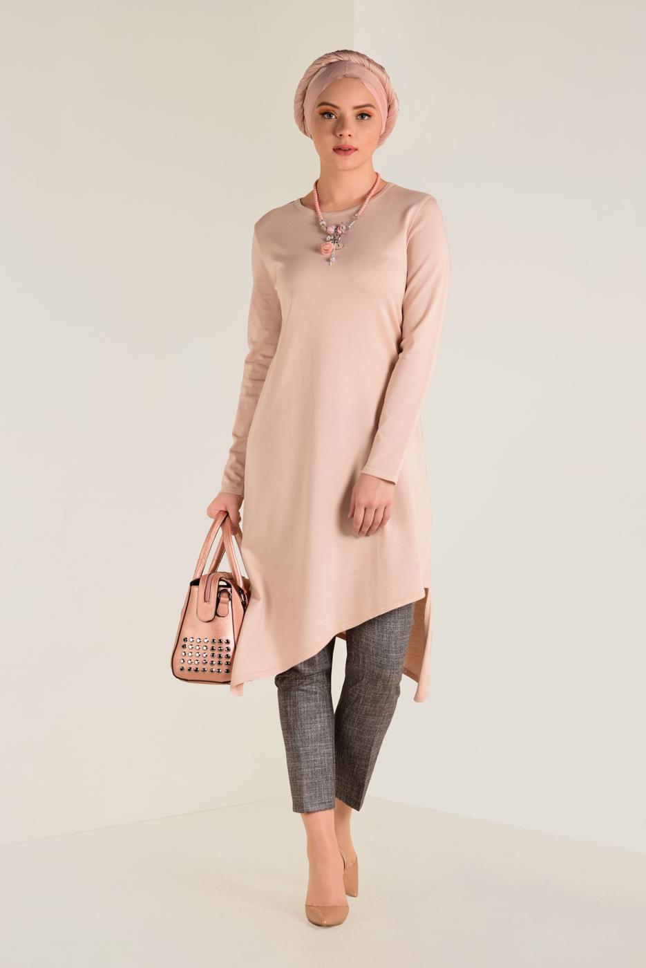Tesettür giyim PUDRA ALVİNA ASİMETRİK KESİM TRİKO TUNİK 4526
