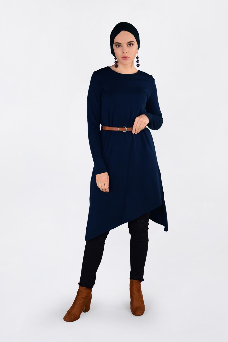 Tesettür giyim LACİVERT ALVİNA ASİMETRİK KESİM TRİKO TUNİK 4526
