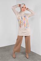 Tesettür giyim BEJ TÜY DESENLİ İNCE TRİKO TUNİK   5046 