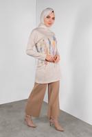 Tesettür giyim BEJ TÜY DESENLİ İNCE TRİKO TUNİK   5046 