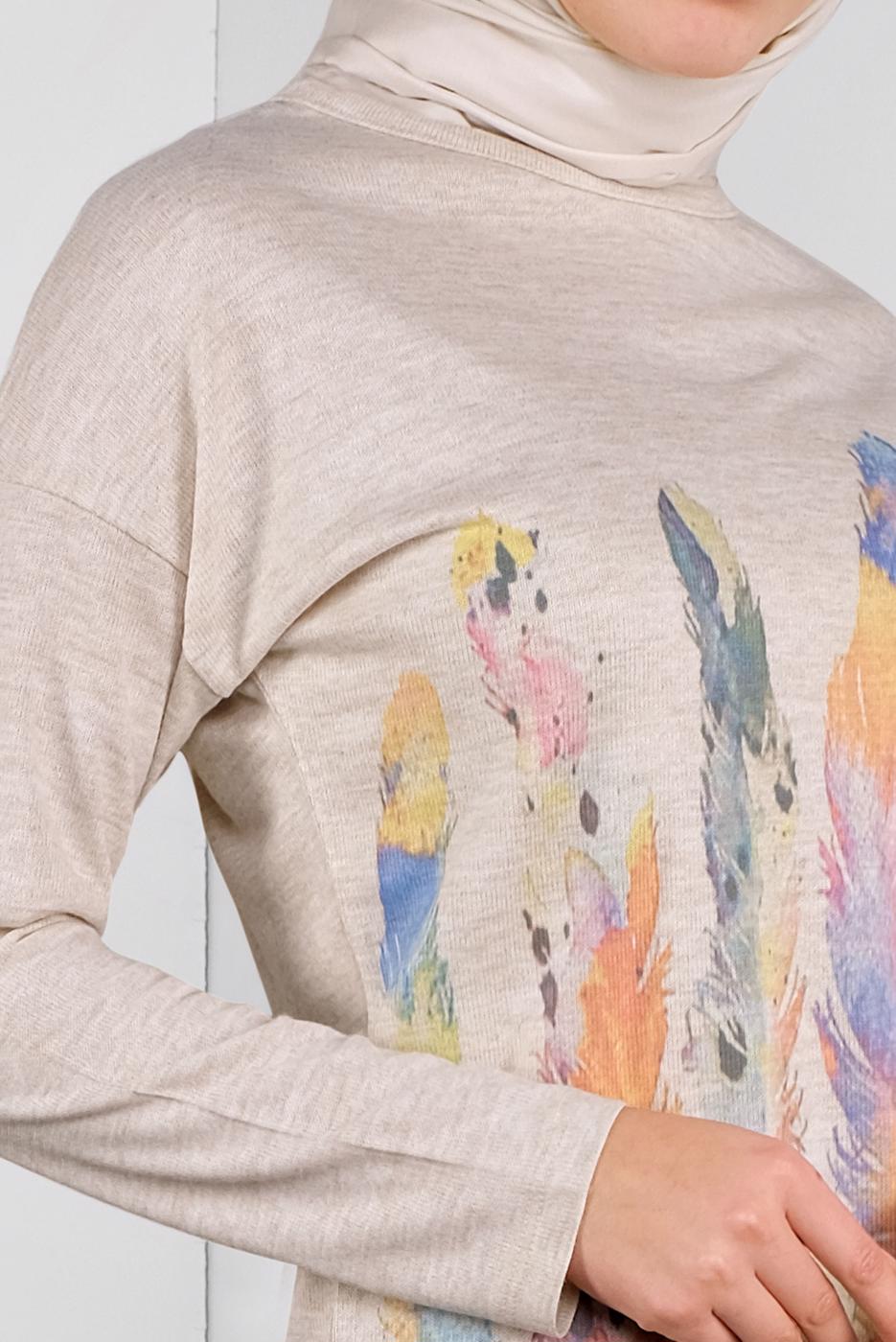 Tesettür giyim BEJ TÜY DESENLİ İNCE TRİKO TUNİK   5046 