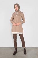 Tesettür giyim BEJ KAPÜŞONLU ŞERİTLİ  SPOR TUNİK 5055 