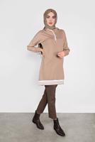 Tesettür giyim BEJ KAPÜŞONLU ŞERİTLİ  SPOR TUNİK 5055 