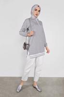 Tesettür giyim GRİ KAPÜŞONLU ŞERİTLİ  SPOR TUNİK 5055 