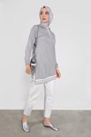 Tesettür giyim GRİ KAPÜŞONLU ŞERİTLİ  SPOR TUNİK 5055 
