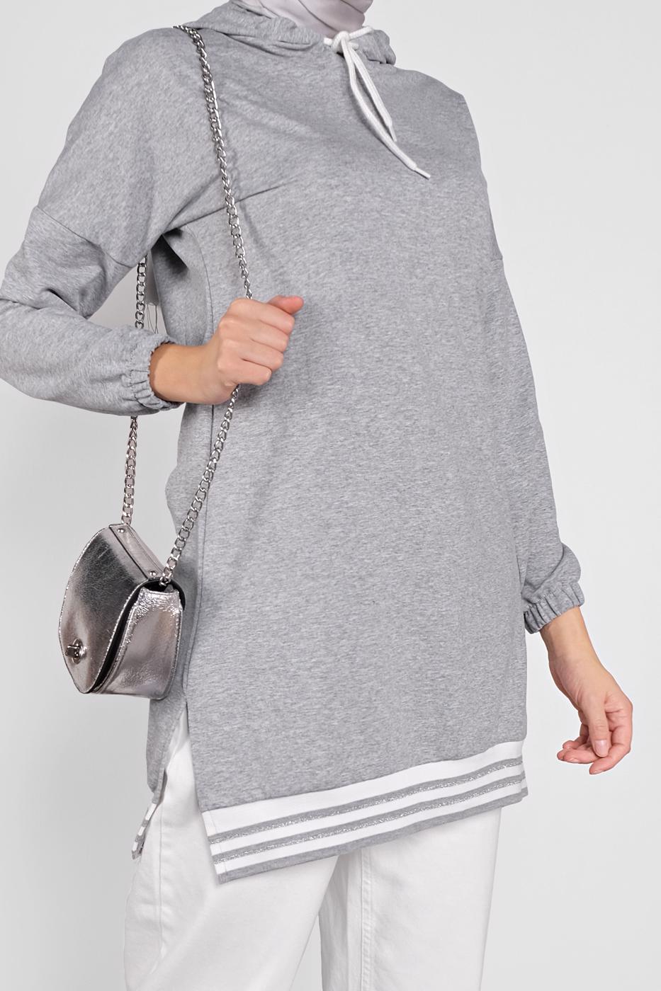 Tesettür giyim GRİ KAPÜŞONLU ŞERİTLİ  SPOR TUNİK 5055 