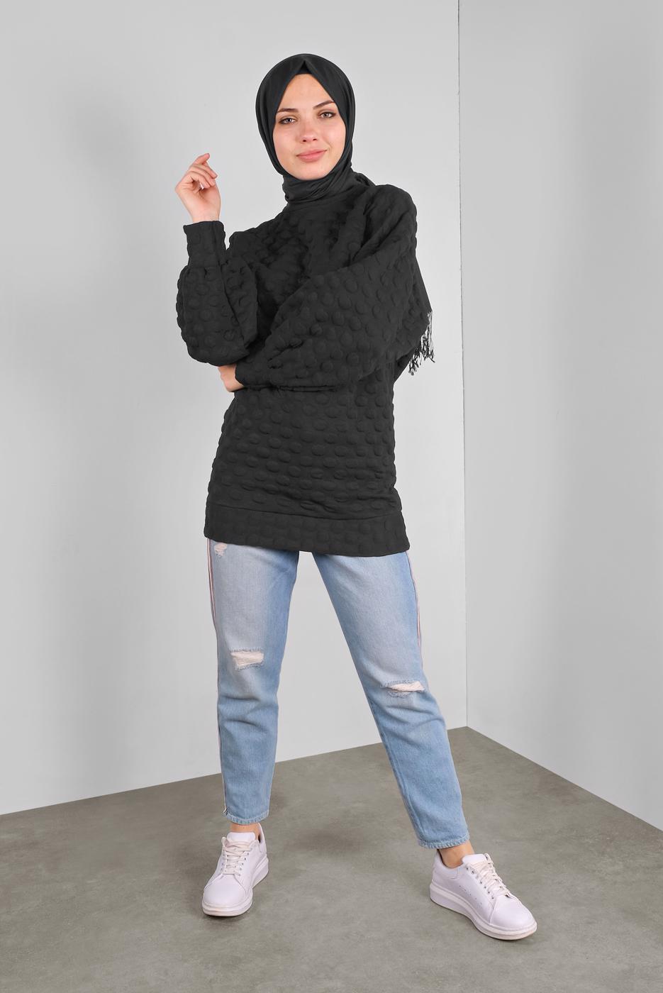 Tesettür giyim SİYAH PONPON DESENLİ  TUNİK 9234 