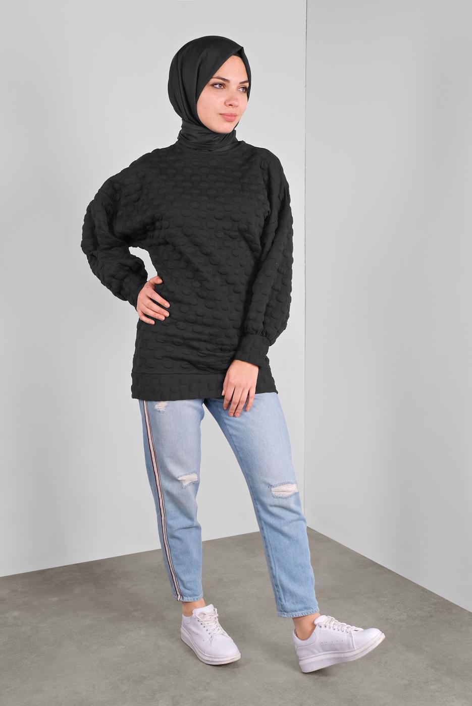 Tesettür giyim SİYAH PONPON DESENLİ  TUNİK 9234 
