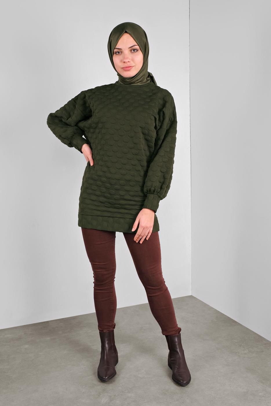 Tesettür giyim HAKİ PONPON DESENLİ  TUNİK 9234 