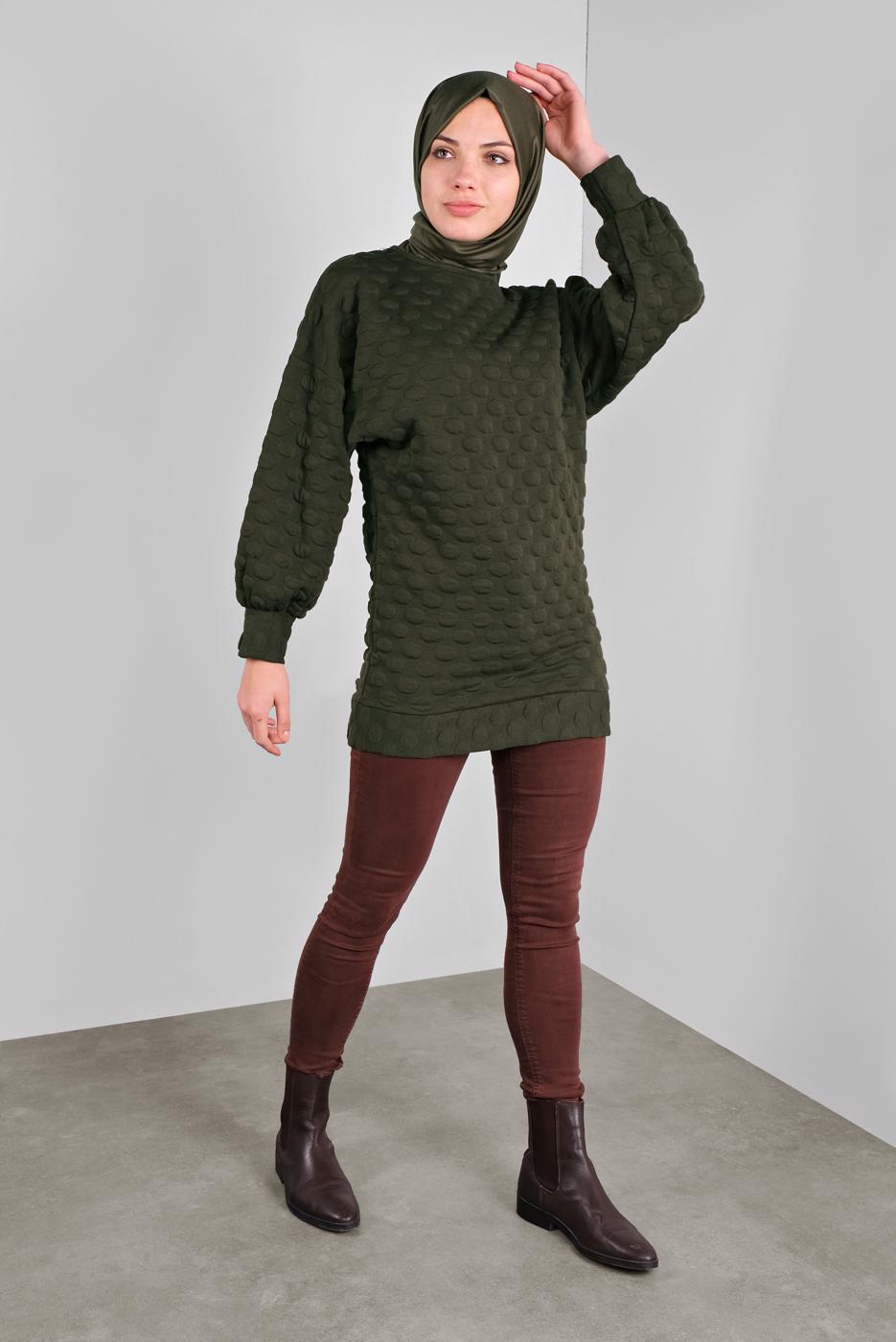 Tesettür giyim HAKİ PONPON DESENLİ  TUNİK 9234 