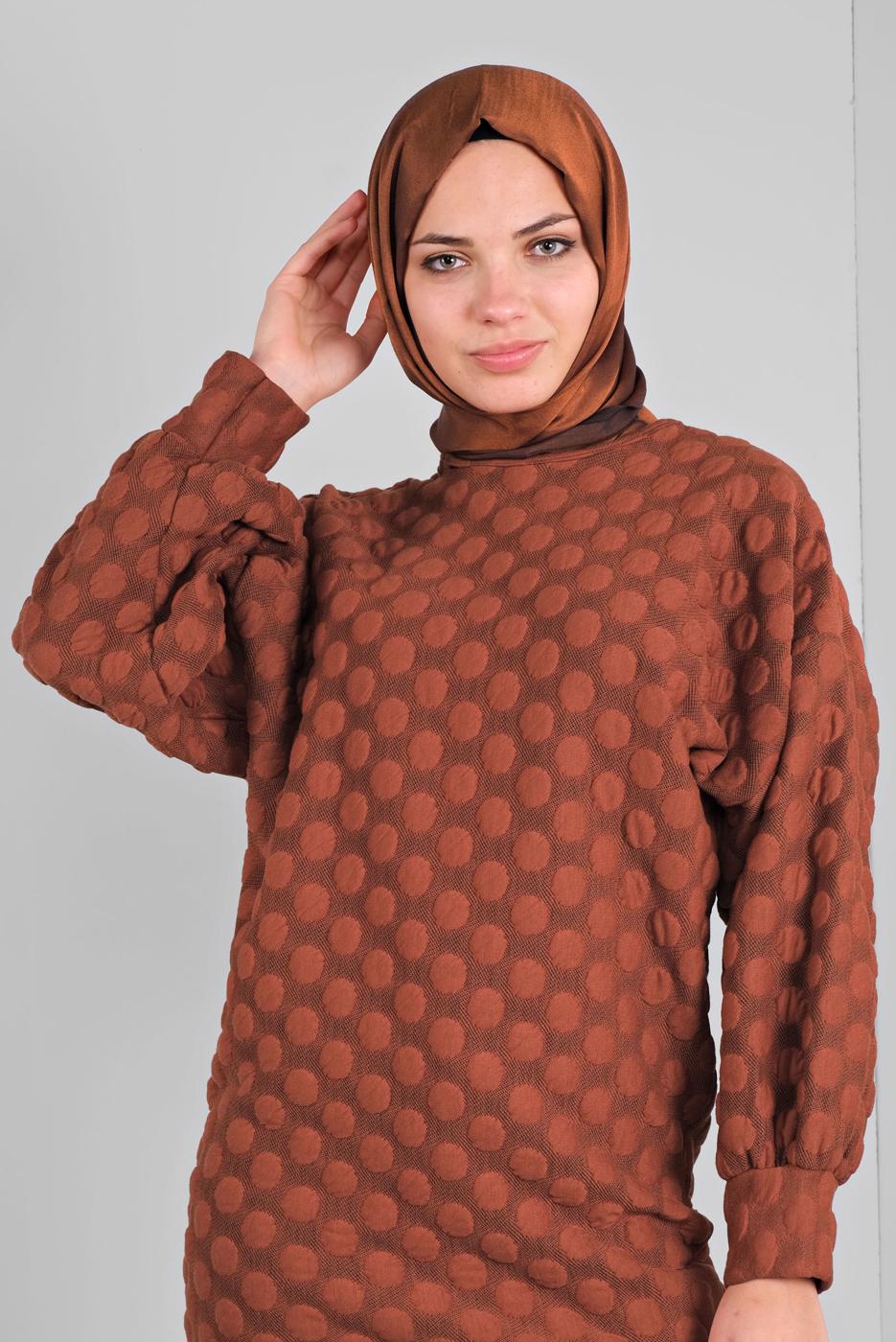 Tesettür giyim KAHVE PONPON DESENLİ  TUNİK 9234 